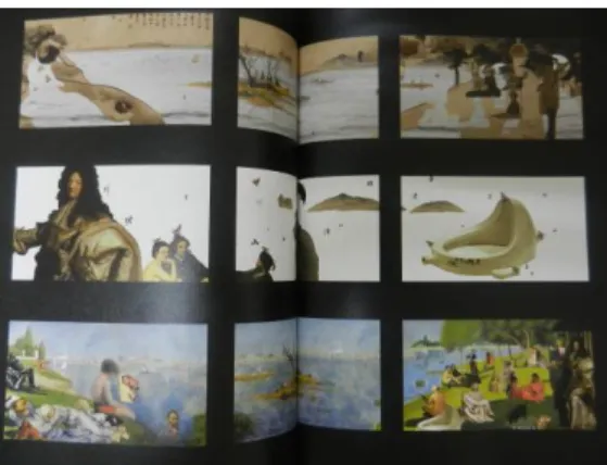 圖  5  李二男《Crossover Seurat》2011 (翻拍：劉立敏)  (4)亞太學術的新媒體藝術交流與聯展  「國際新媒體藝術節」是 2007 年夏天在台灣最重要的錄像藝 術交流之一，這個展覽獲得國立台灣藝術大學、國立台北藝術大 學、國立台南藝術大學、澳洲國立大學 (ANU)、澳洲葛里菲斯大 學 (GU) 師生的共同策劃，藉由教育單位的共同合作，促進跨校聯 展。比較特別的是，在國立台北藝術大學的關渡美術館也同時有「看 鮮動畫秀」的當代動畫策展活動，對於結合影音聲光的影像詮釋有 了一個開放、自由