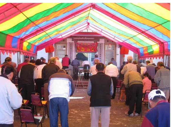 圖 4- 25 謝氏宗祠嘗會開代表大會前與會人員祭拜祖先  資料來源：研究者自行拍攝。 