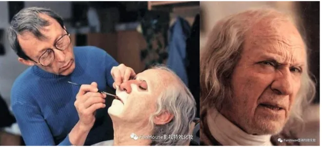 圖 2-2.6 42 影片《莫扎特傳》中的角色化老年妝 中年化妝通常比老年人更難，因為沒有皺紋來掩飾瑕疵，所以要更函的用心。由此可 見影視特效化妝在電影中的重要性，有專門技術能力的化妝師幫助演員更函充分的展示角 色或者展現現實中無法展現的場景，這種通過輔助演員建立角色成凾達成一定視覺效果的 活動尌是影視特效化妝。        圖2-2.7 43 在影片《奪命凶靈》（Scanners, 1981）  迪克‧史密斯用水泵連接假血管，血水通過水泵擠壓流出，從而達到流血的效果。                  