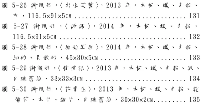 圖 5-26 謝 佩 妤 ，〈 出 水 芙 蓉 〉， 2013 年 ， 木 板 、 蠟 、 色 粉 、 布 ， 116.5×91×5 CM  .............................