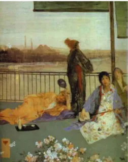 圖 9  惠斯勒（James A.M.Whistler） ， 《肉色與綠色的變奏曲：陽台》 （Variations in Flesh  Color and Green: The Balcony） ，  1864-70，油畫、木板，61.4 x 48.8 cm，芙利爾藝廊（Freer  Gallery of Art） ，華盛頓特區，美國 
