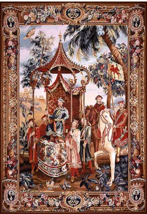 圖 1  Beauvais 皇家織毯廠，《皇帝出巡》系列，十八世紀，壁毯，254  ×  415cm      文藝復興以後，西方在視覺藝術或實用性工藝品的「裝飾」上，運用東方藝術中 的視覺元素加以拼貼式組合，造成視覺效果上的「異國風情」 ，滿足歐洲人對於「東方」 的想像。到了十八世紀歐洲「洛可可」 （Rococo）藝術的興盛時期，法國皇室與貴族引 領著一種時尚風潮，除了生活上追求奢華的物質享受之外，在藝術的表現上，取而代 之的是男女調情的歡愉、蜷曲的線條、艷麗的色彩、不規則不對稱的構圖等，破除過 去歐洲「