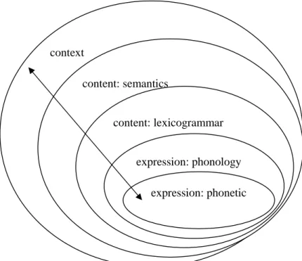 Figure 2. Stratification (Adapted from Halliday and Matthiessen, 2004, p. 25) Instantiation relates to both system and text, that is, “the system of language is instantiated in the form of text” (Halliday &amp; Matthiessen, 2004, p