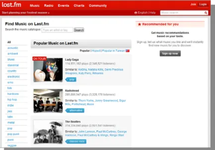 圖 2-5. Last.fm （ 資料來源： http://www.last.fm/）  4.  CDNOW（線上音樂產品平台）  CDNOW  所提供的音樂商品完整豐富且多樣齊全，其採用內容導向 式音樂推薦，主要可藉由使用者所查詢商品資訊，來推薦相關音樂資訊， 並且還提供使用者本身自行建立喜好評分來產生推薦，給予回饋資訊。  圖 2-6