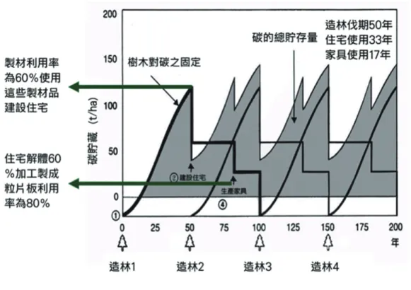 圖 2　木材利用時碳儲藏之永續性 （日本關東地區，二等級地位林地 1 公頃柳杉造林地） 表植生將無法生長，下雨時，雨水無法浸入 土壤中，形成逕流，將破壞地表之生態平衡。 且林分內優勢木樹幹雖高，胸徑偏小，而被 壓木則會枯死，或幹形彎曲不良，收穫時砍 伐所得原木，其幹形不佳，直徑小，在樹幹 基部常有空洞，幾乎不能當作用材利用，即 一般稱之「不成材」。另外，在 IPCC 京都議 定書對於 1990 年前造林之林地，若未經人為 撫育疏伐作業者，係不認同有碳吸存效果者。 國內多數的林地均屬於此種情況，若於節能、 減