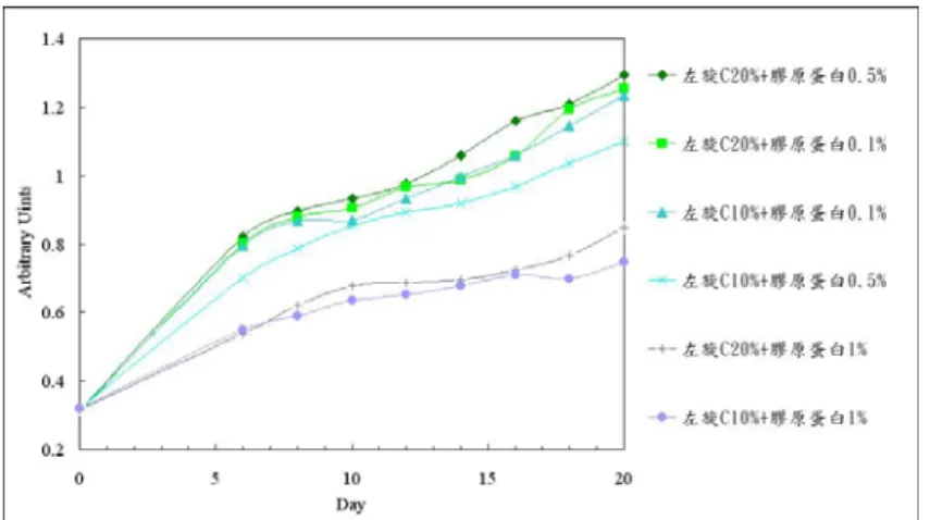 Fig. 10  添加左旋 C 之膠原蛋白溶液使用於手腕前測之吸收效果  在表 4.5 中，可看出在膠原蛋白原液中添加了左旋維他命 C 之後，皮膚的膠原蛋 白螢光成長率都高於純膠原蛋白原液，其中則以添加了濃度 20% 的左旋維他命 C 於 濃度 0.5% 之膠原蛋白原液的成長幅度為最高，其成長幅度為 312%。由此結果可看 出，左旋維他命 C 確實有幫助生成膠原蛋白之功效。  3.2.2  黑斑之吸收與療效 在添加了左旋維他命 C 的膠原蛋白溶液中，其膠原蛋白含量增長強度，可由 Fig