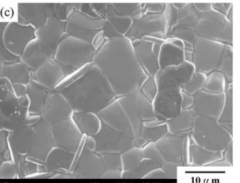 Fig. 5 The SEM pictures of (a)LSCF, (b)LSCM, (c)LSCCu and sintered at 1100 ℃  for 5 hours