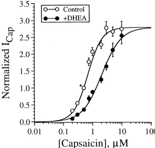 Fig. 2. Antagonism of the capsaicin response by DHEA is competitive. Dose-response  curves for capsaicin in the presence and absence of 50 µM DHEA