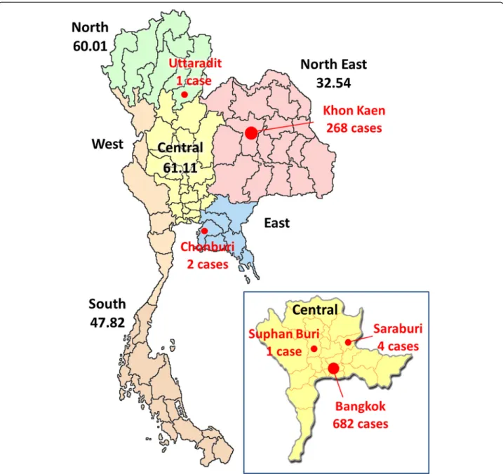 Figure 1 Geographic distribution of the study population during the HFMD outbreak in 2012 in Thailand