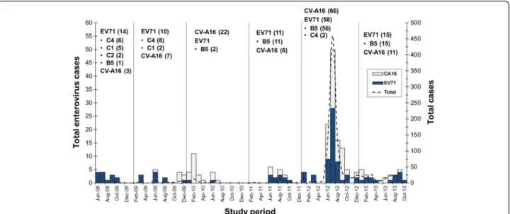 Figure 4 Successive appearance and distribution of predominant types and genotypes of enterovirus between 2008 and 2013.