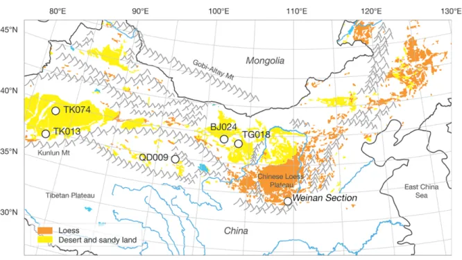 Fig 1. Locations of the collected loess-paleosol sequence in the Chinese Loess Plateau  (the Weinan section) and around desert sands.