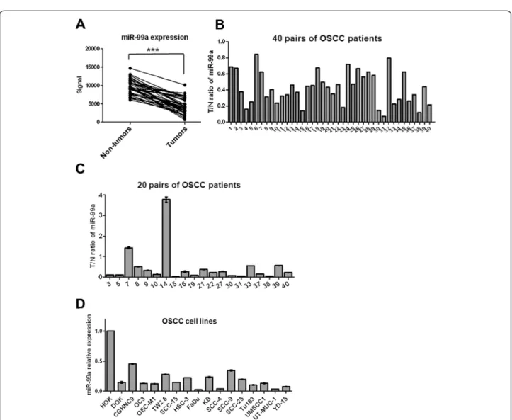 Figure 1 Downregulation of miR-99a in OSCC tissues and cell lines. (A) MiR-99a was downregulated significantly in OSCC tissues compared to nontumorous tissues