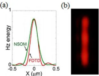 Fig. 1 (a) The profiles of the NSOM measurement  (green) and the peak focused magnetic field energy (red)  from the simulation along the metal surface (peak value  of NSOM measurement has been normalized to the one  of magnetic energy) (b) The picture take