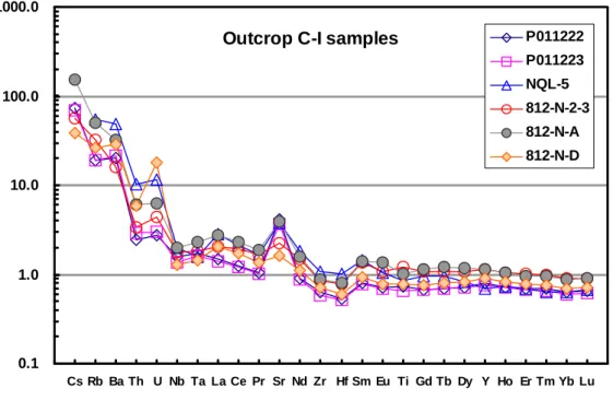 Fig. 3  Concentrations of incompatible element normalized to MORB values for the BJS outcrop C  eclogitic samples