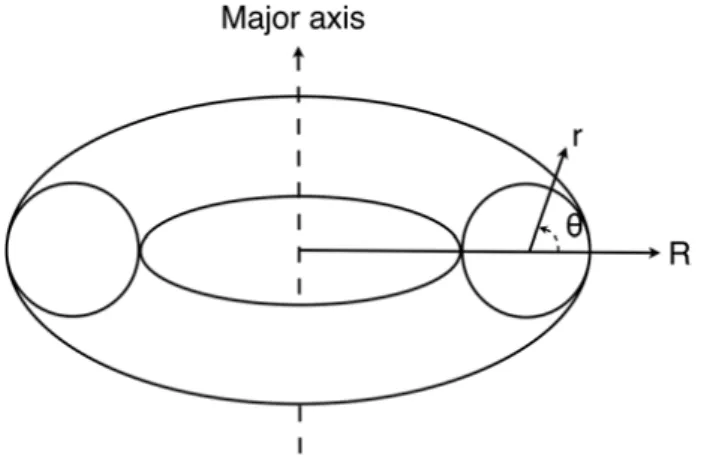 Figure  8. A  schematic  plot  of  a  tokamak  device;  the  r and  R  are  the  minor  and  major  radii,  respectively, and /!represents the poloidal angle.