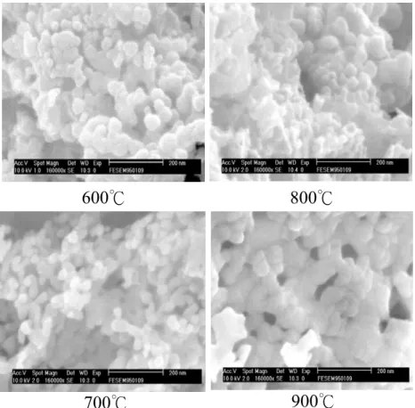 圖 4-7  不同煅燒溫度時 La 0.7 Ag 0.3 MnO 3 的 SEM 圖  0 5 10 15 20 25020406080100 Temperature = 550 oC Temperature = 450 oCCH4 Conversion (%) On-Stream Time (hr) 圖 4-8 La 0.7  Ag  0.3 MnO 3 波洛斯凱特型觸媒的穩定性測試（反應時間=  22 hr；WHSV = 9600 ml g-1 hr-1；甲烷濃度= 5000 ppm） 600℃ 800