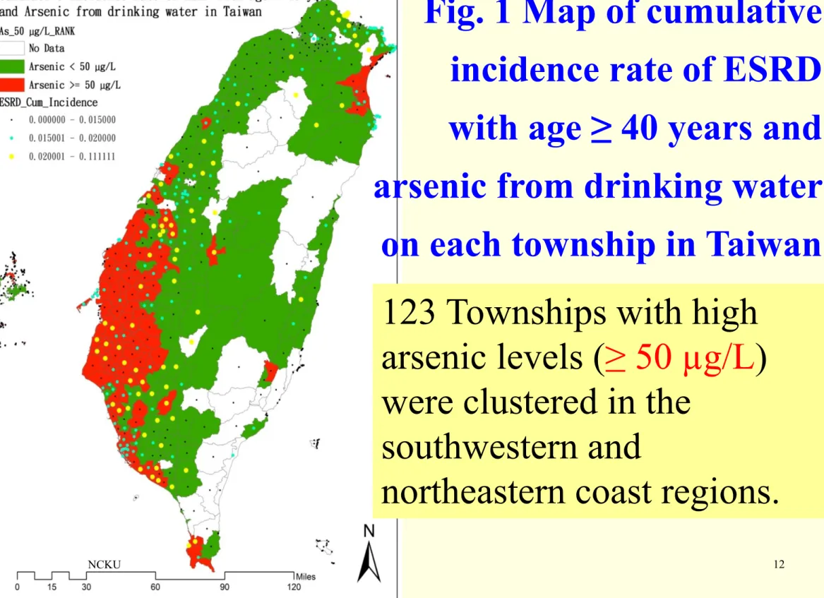 Fig. 1 Map of cumulative  incidence rate of ESRD  with age ≥ 40 years and  arsenic from drinking water  on each township in Taiwan 