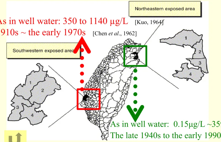 Fig. Map of southwestern and northeastern arsenic-exposed areas in Taiwan. There  are four townships in the southwestern exposed area: Putai (1), Ichu (2), Peimen (3), and Hsuehchia (4); and four townships in the northeastern exposed area: 