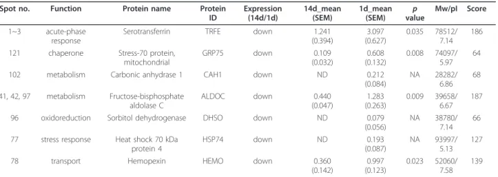 Table 1 List of proteins that were down-regulated in the lesion center at day 14 after SCI compared to 1 day after SCI