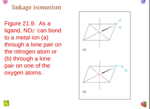 Figure 21.9:  As a  ligand, NO 2 - can bond  to a metal ion (a)  through a lone pair on  the nitrogen atom or  (b) through a lone  pair on one of the  oxygen atoms.