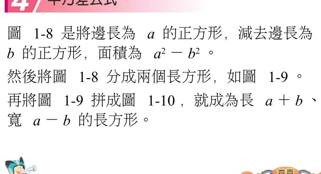 圖  1-8  是將邊長為  a  的正方形，減去邊長為  b  的正方形，面積為  a 2 － b 2 。