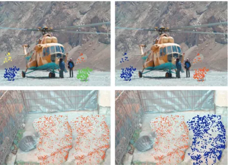 Fig. 9. Two example of the results obtained with different clustering strategies: (left) in the spatial domain (HAC) and (right) in the transformation parameter domain (the proposed method).