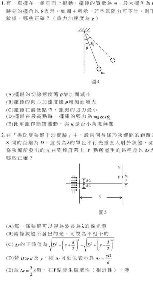 圖 4  1 1 .  有 一 單 擺 在 一 鉛 垂 面 上 擺 動 ， 擺 錘 的 質 量 為 m ， 最 大 擺 角 為 θ 0 。 此 單 擺 在 任 一時 刻 的 擺 角 以θ表 示 ， 如 圖 4 所 示 ， 若 空 氣 阻 力 可 不 計 ， 則 下 列 有 關 此 單 擺 的敘 述 ， 哪 些 正 確 ？ （ 重 力 加 速 度 為 g ）   ( A ) 擺 錘 的 切 線 速 度 隨 θ 增 加 而 減 小   ( B ) 擺 錘 的 向 心 加 速 度 隨 θ 增 加 而 增 大   
