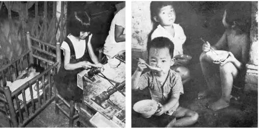 圖 7: 台灣 1950 年代初期 資料來源 : 雷柏爾 , 全漢昇 , 與陳紹馨 (1954), 頁 44, 238 。 窮的國家。 圖 6 左圖是 1953 年台北中華路鐵路旁的景象。 當時鐵路尚未地下化 , 中 華路東側原為林園道路。 1949 年 , 大量人口移入台北之後 , 台北市政府在鐵路兩邊 搭建攤棚 , 原先是供小販陳列商品 , 但後來變成住屋。 14 圖 6 右圖是鐵路東側兩排 攤棚住屋之間的景像。 圖 7 是 1950 年代初期台灣人的生活景像。 此一時期 , 台灣的所得水準低 , 工作