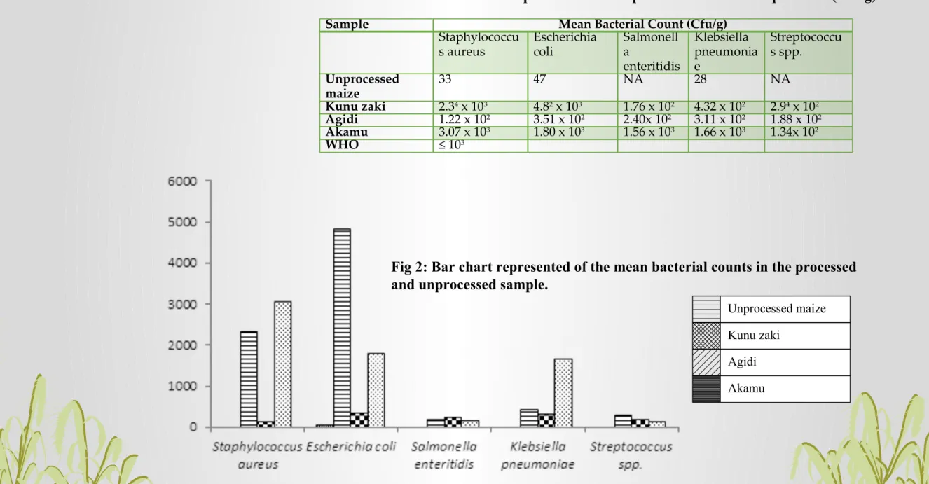Table 3: Mean Bacteria counts in the processed and unprocessed maize meal products (Cfu/g).
