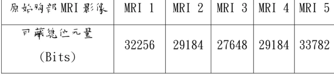表 1-1.胸部 MRI 影像 Non-ROI 區域的可藏總位元量 
