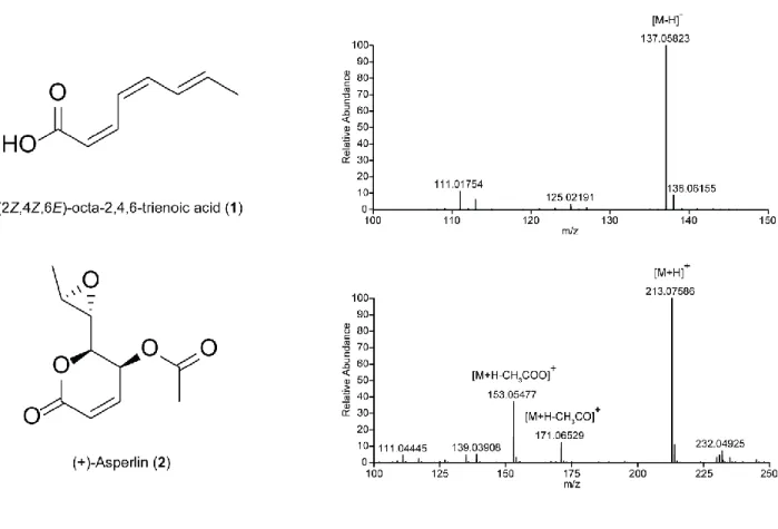 Figure S6. HRESIMS spectra of (2Z, 4Z, 6E)-octa-2,4,6-trienoic acid (1) (negative mode) and  (+)-asperlin (2) (positive mode)