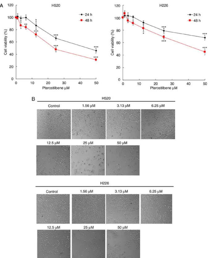 Figure 1. Effect of pterostilbene on the viability of H520 and H226 cells by an MTT assay