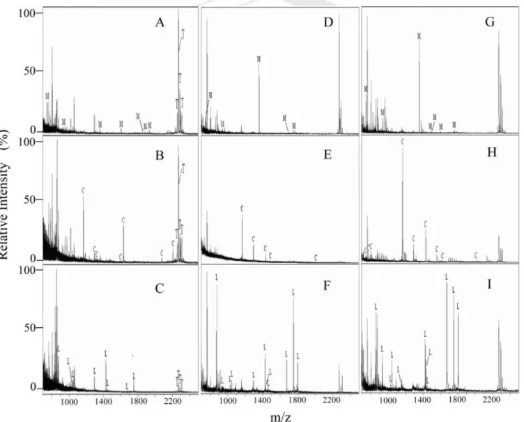 Figure 5. MALDI-TOF mass spectra of the peptides obtained after digestion using 5 mg/mL TMNPs (weight of trypsin/weight of substrate, 350:1) under various conditions