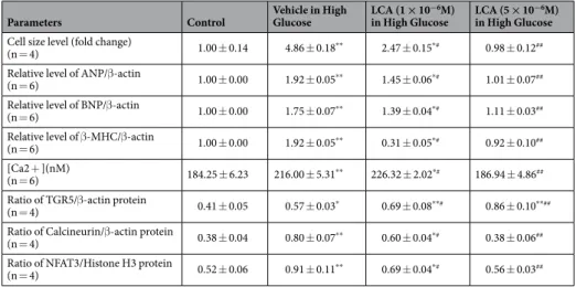 Table 1.  Effects of lithocholic acid (LCA) on the mRNA levels of hypertrophic biomarkers and intracellular  calcium ions, in addition to the quantified data from Fig. 1A,B