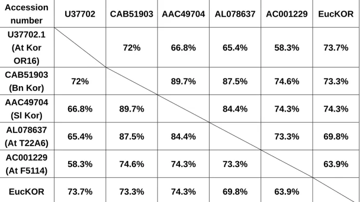 表 2. EucKOR cDNA 與其他物種之相似度比較表   