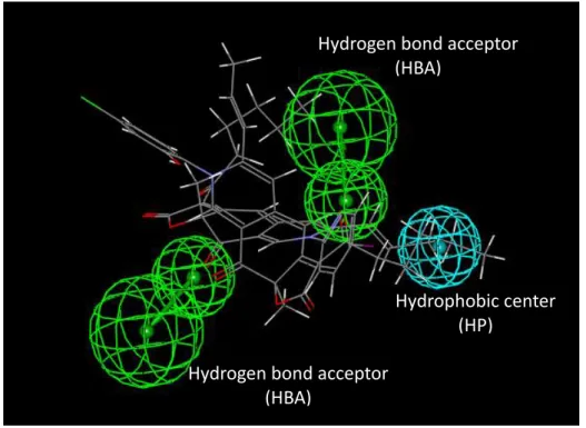 圖  9 Test set 最高抑制活性的兩個化合物(25,26)和最佳藥效團模型的疊合結果 Hydrogen bond acceptor   