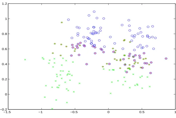 Figure 2.3: Support vectors (marked as +) are important data from training data