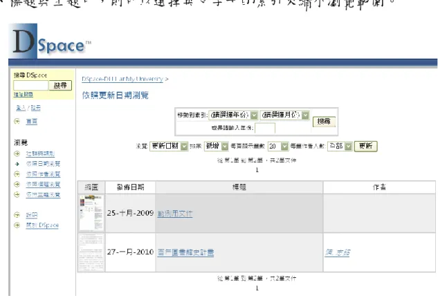 圖 6 是依照日期瀏覽所有文件的畫面，使用者可以自行選擇年份、月 份以縮小瀏覽的範圍，或是調整瀏覽列表的排序、筆數等資料。在作 者、標題與主題中，則可以選擇英文字母的索引來縮小瀏覽範圍。  圖 6