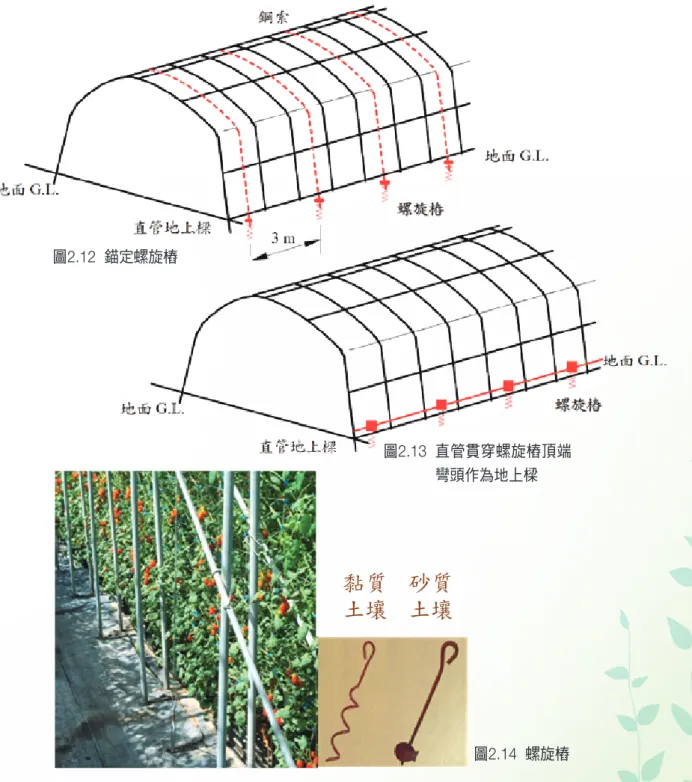 圖 2.12  錨定螺旋樁 圖 2.13  直管貫穿螺旋樁頂端 彎頭作為地上樑 圖 2.14  螺旋樁(8) 錨定螺旋樁：在溫室兩側各用螺旋樁錨定，沿側壁方向約以 3m的間隔設置，再以鋼 索再固定於兩側螺旋樁頂端彎頭，或以直管貫穿螺旋樁頂端彎頭，再連結各個骨架，作為地上樑的方式。黏質土壤砂質土壤