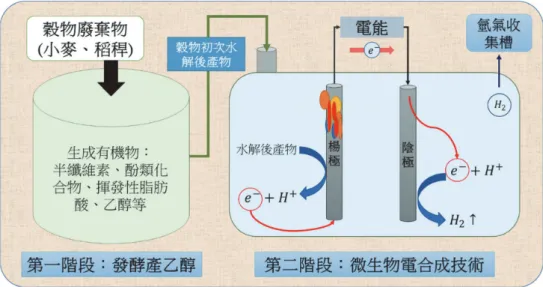 圖 5　發酵技術與微生物電合成技術示意圖(Kumar et al., 2018a；本研究繪製)