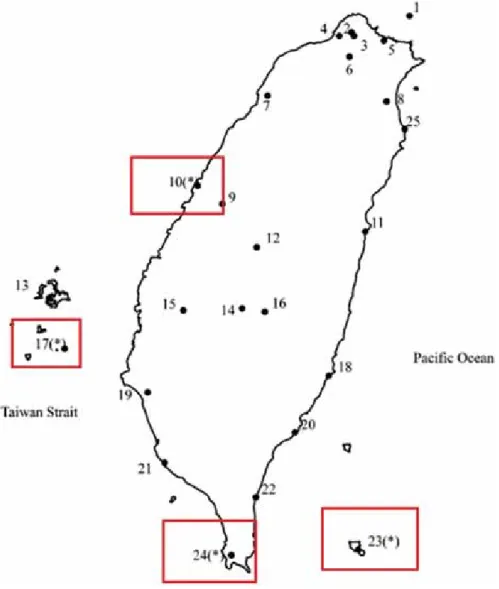 Fig. 2. Four locations with good wind resources by Chang et al. (2003)