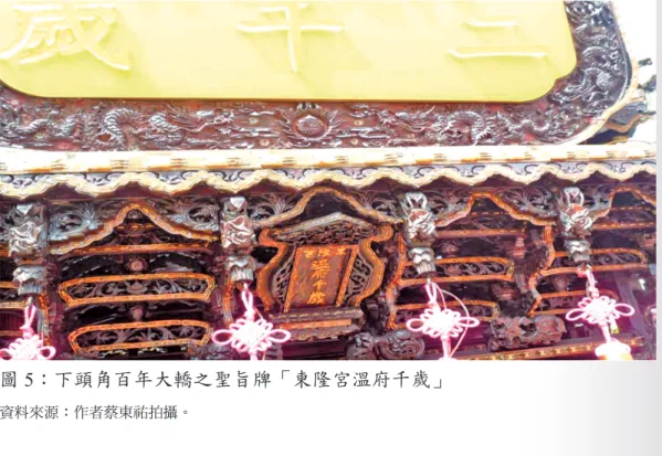 圖 5：下頭角百年大轎之聖旨牌「東隆宮溫府千歲」 資料來源：作者蔡東祐拍攝。 七、東港角頭與府城聯境的相較 現存東港七角頭轎班，此種由每位轎班或其祖先於千歲爺前，以擲茭 獲得千歲爺允杯為憑，立下誓約願世世代代家中男丁承傳，為千歲爺扛轎服 務，並分別以家族出身所在（舊稱認血跡）之七個角頭聚落為歸屬角頭。並 每三年為一任，由迎王時於代天府內擲茭取得最多允杯之轎班，擔任下科轎 班爐主，轎班爐主於任期內，為該角頭轎班代表頭人。憑藉轎班自身之人力 財力，承傳延續各種轎班祭祀職責之組織，已超過百年歷史。是臺灣地區歷 史