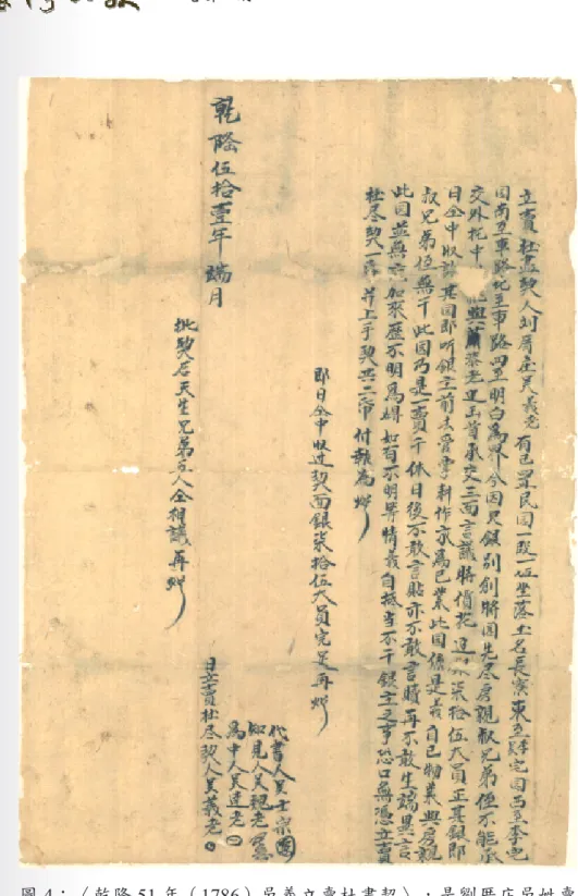 圖 4：〈乾隆 51 年（1786）吳義立賣杜盡契〉，是劉厝庄吳姓賣 土地的第 1 張契字，但與吳春塘的祖先可能無關。