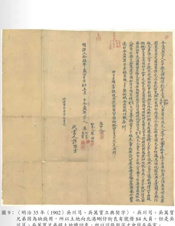 圖 9：〈明治 35 年（1902）吳川芎、吳萬寶立典契字〉，吳川芎、吳萬寶 兄弟因為缺錢用，所以土地向北港蜊仔街良有號借 84 大員。但是吳 川芎、吳萬寶兄弟將土地贖回來，所以這張契字才會留在吳家。