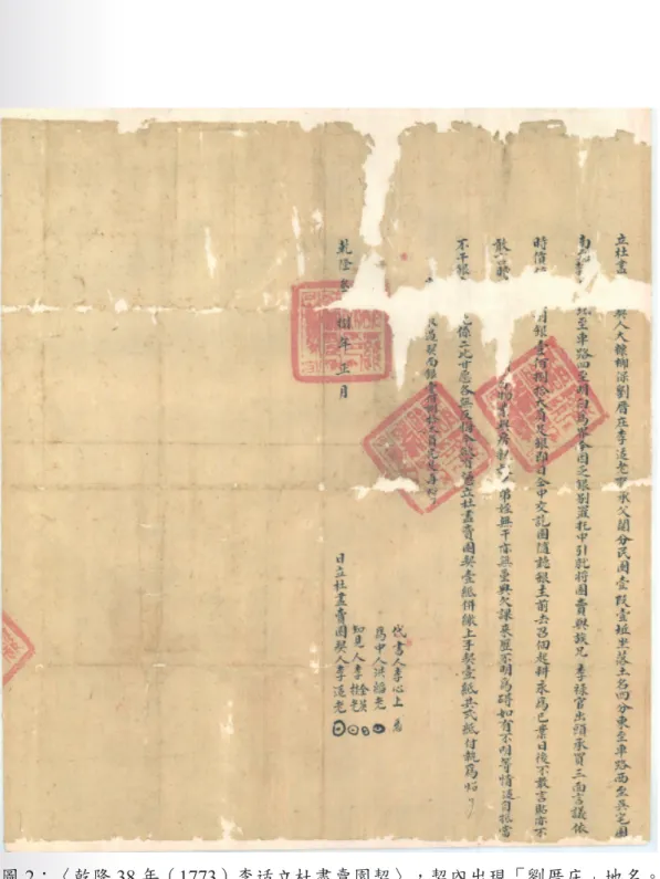 圖 2：〈乾隆 38 年（1773）李适立杜盡賣園契〉，契內出現「劉厝庄」地名。
