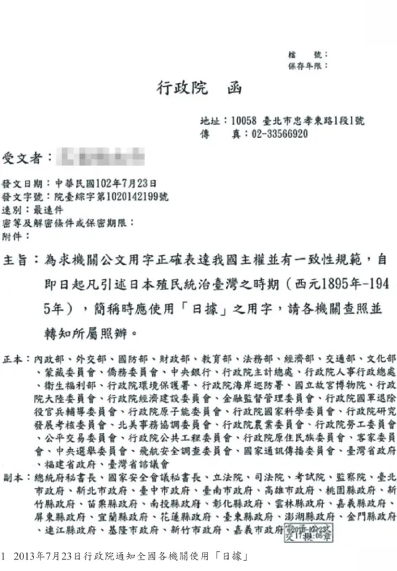 圖 1   2013年7月23日行政院通知全國各機關使用「日據」