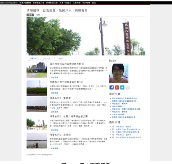 圖 15  個人專頁範例  選新增的文章類型後，會出現新增文章的畫面，如圖 16，此為新增地圖文章 的頁面，使用者只需要選擇自己想要新增地理資料的方式，包含：座標輸入、地 圖點選、KML 匯入、GPX 匯入四種方式。除了以往線上網誌服務提供的新增點 位功能，使用者可以新增路徑或多邊形，不再局限於只能新增單一點位。而在圖 資呈現的選擇部分，目前平台預設介接的圖資包含：  1