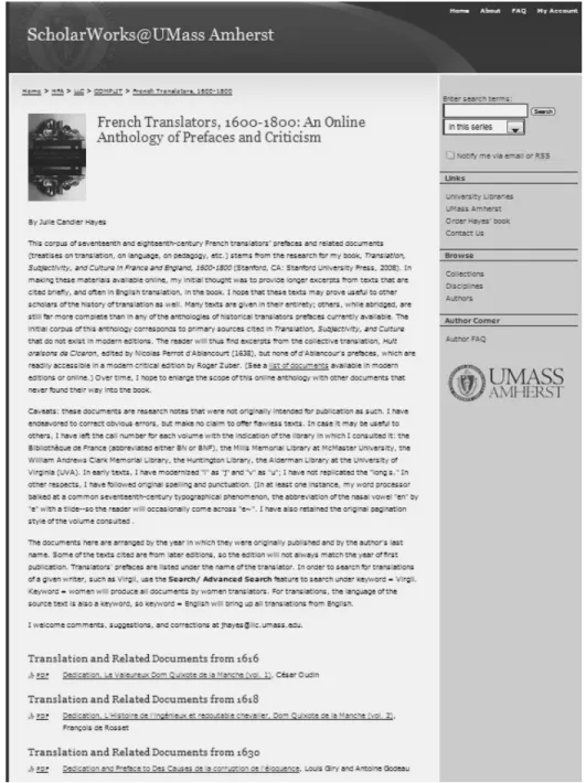 Figure 10  Book supplemental files example, written by UMass Amherst author    (available at http://scholarworks.umass.edu/french_translators/) 