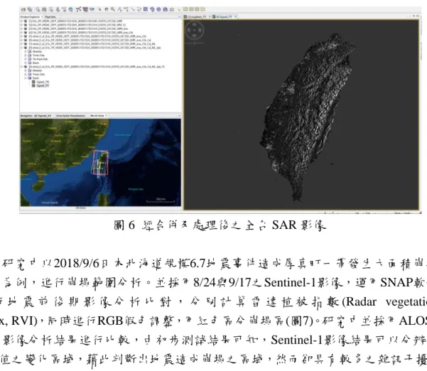 圖 6  經合併及處理後之全台 SAR 影像  研究中以2018/9/6日本北海道規模6.7地震事件造成厚真町一帶發生大面積崩塌 事件為例，進行崩塌範圍分析。並採用8/24與9/17之Sentinel-1影像，運用SNAP軟體 進 行 地 震 前 後 期 影 像 分 析 比 對 ， 分 別 計 算 雷 達 植 被 指 數 (Radar  vegetation  index, RVI)，同時進行RGB假色調整，用紅色區分崩塌區(圖7)。研究中並採用ALOS2 衛星影像分析結果進行比較，由初步測試結果可知，Se