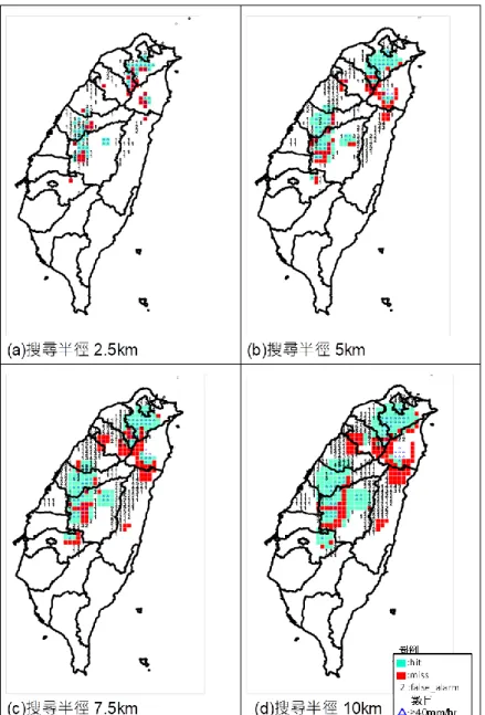 圖 1.  針對 2017 年 6 月 11 日臺灣午後對流事件，以 0.05° × 0.05°網格解析度在不同閃電 配置搜尋半徑所計算閃電躍升，預警當日第一次達到降雨門檻 40 mm/hr 的列聯 表技術指標值，搜尋半徑分別為（a）2.5 km、（b）5 km、（c）7.5 km 和（d）10  km。淺藍色格點表示命中，紅色格點表示失誤，標有數字的格點表示閃電躍升 預警誤報值。  (二) 配合本局未來二週預報的發展，發展前二週統計預報技術，針對有提供 二 週 系 集 資 料 的模 式 進 行 分 析 ，